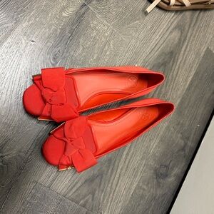 Tory Burch Red Bow Peep-Toe Flats